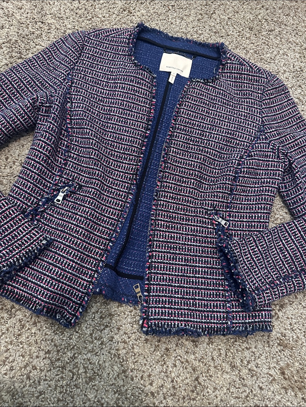 Rebecca Taylor Navy Pink Tweed Zip Jacket